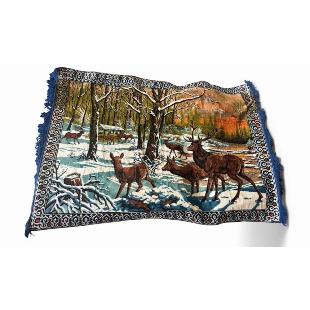 Vtg W.P.L Winter Deer Scene 48.5x73.5 Wall Hanging Tapestry Buck Rug 13379 Italy